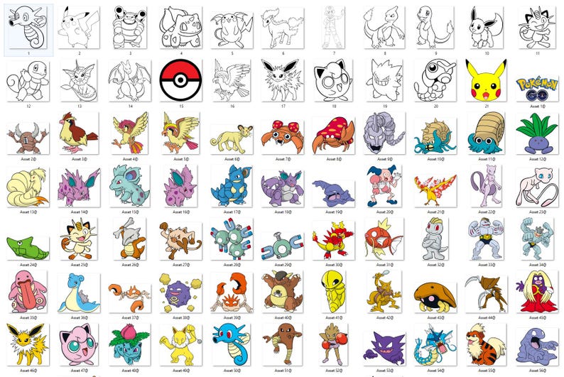May include: A grid of various Pok&eacute;mon characters in different poses and colors. The image includes popular characters like Pikachu, Charmander, and Bulbasaur, as well as the Pok&eacute;mon GO logo. The characters are in a variety of colors and styles.