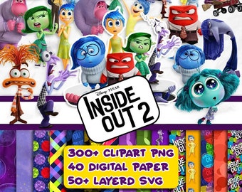 Puede incluir: Una colección de clipart digital con personajes de la película Inside Out 2 de Disney Pixar. El clipart incluye varios personajes, como Alegría, Tristeza, Ira, Miedo y Asco. El clipart está disponible en formatos PNG, SVG y papel digital.