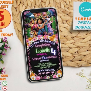 May include: A digital invitation for a birthday party featuring a colorful illustration of characters from the animated film Encanto. The invitation is for Isabella, who is turning 4. The party is on Saturday, November 19th from 3:00 to 6:00 PM at The Clubhouse, 123 ABC Street, XYZ Village, Alphabet City. RSVP to Mira at 123-456-789.