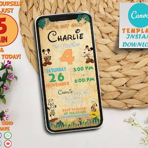 May include: A printable birthday invitation for a child named Charlie turning four. The invitation features a jungle theme with Mickey Mouse characters and a smartphone design. The text reads "Let's Get Wild Charlie is turning 4" and includes the date, time, and location of the party.