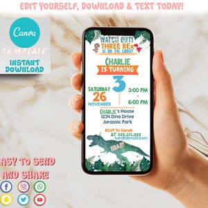 May include: A digital invitation for a dinosaur-themed birthday party. The invitation features a green, blue, and orange color scheme with a cartoon dinosaur and the text "Watch Out! Three Rex is on the Loose!" and "Charlie is turning 3". The invitation also includes the date, time, and location of the party.