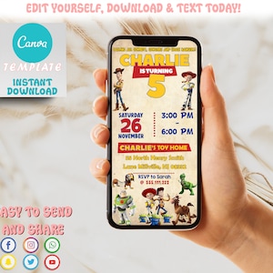 May include: A digital invitation for a birthday party featuring characters from the Toy Story movie franchise. The invitation is for a boy named Charlie who is turning five. The invitation is decorated with images of Woody, Buzz Lightyear, and other Toy Story characters. The invitation includes the date, time, and location of the party. The text on the invitation reads "Calling all cowboys, cowgirls and space rangers! Charlie is turning 5. Saturday, November 26, 3:00 PM - 6:00 PM. Charlie's Toy Home, 55 North Henry Smith, Lane Millville, NJ 08332. RSVP to Sarah @ 555.111.222."