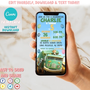 Invitación móvil editable del camión de basura / Cumpleaños del camión de basura Evite / Invitación imprimible del camión de basura / Canva imprimible / Descarga instantánea