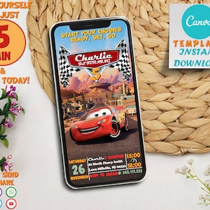 Verjaardagsuitnodiging voor auto's | Mobiele verjaardagsuitnodiging voor kinderen | Lightning McQueen Evite, bewerkbare, gepersonaliseerde, afdrukbare digitale Canva-uitnodiging