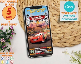 faire-part d'anniversaire voitures | Invitation mobile d'anniversaire d'enfants | Faire-part numérique imprimable sur toile Lightning McQueen Evite, personnalisable et modifiable