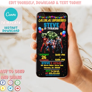 May include: A digital invitation for a superhero themed birthday party. The invitation features a black background with colorful superhero characters, including Hulk, Iron Man, Captain America, and Thor. The text reads "Calling all superheroes! Steve is turning 4." The invitation also includes the date, time, and location of the party.