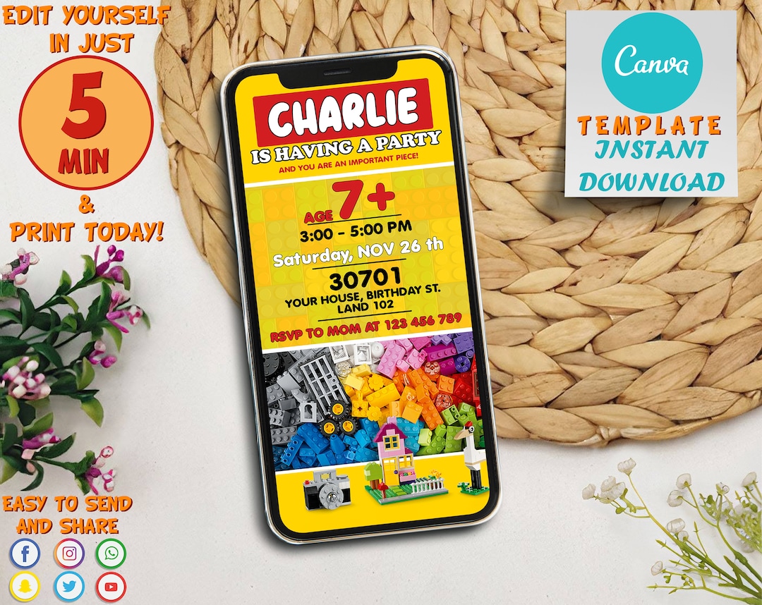 Kids Birthday Mobile Invitation Template Printable | Building Blocks ...