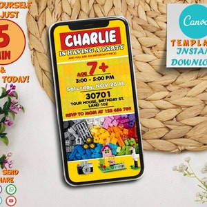 Kids Birthday Mobile Invitation Template Printable | Building Blocks  Eviter | Building Brick Birthday Invite | Instant Digital Download