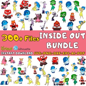 May include: A digital download bundle of over 300 Inside Out character SVG, PNG, DXF, EPS, AI, and PDF files. The image shows a variety of characters from the film, including Joy, Sadness, Anger, Fear, and Disgust. The characters are depicted in various poses and expressions.