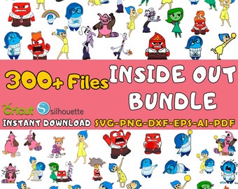 Op de afbeelding: Een digitale downloadbundel met meer dan 300 Inside Out-personage SVG, PNG, DXF, EPS, AI en PDF-bestanden. De afbeelding toont een verscheidenheid aan personages uit de film, waaronder Joy, Sadness, Anger, Fear en Disgust. De personages worden afgebeeld in verschillende poses en uitdrukkingen.
