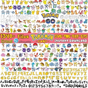 May include: A collection of colorful Pokémon character designs, logos, and a font set. The image includes the text "1340+ Files Pokémon SVG-PNG-DXF-EPS INSTANT DOWNLOAD" and the words "Cricut" and "silhouette". The font includes uppercase, lowercase letters, numbers, and symbols.