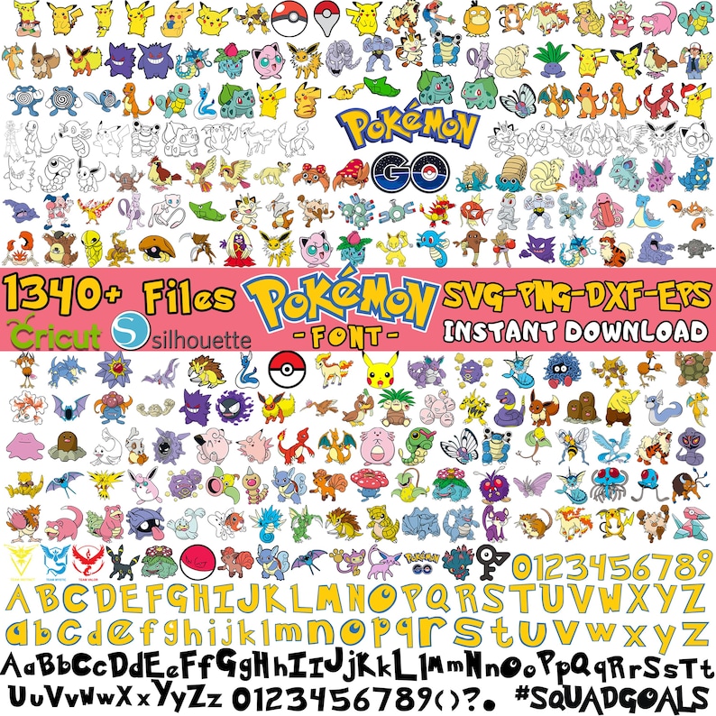 May include: A collection of colorful Pok&eacute;mon character designs, logos, and a font set. The image includes the text "1340+ Files Pok&eacute;mon SVG-PNG-DXF-EPS INSTANT DOWNLOAD" and the words "Cricut" and "silhouette". The font includes uppercase, lowercase letters, numbers, and symbols.
