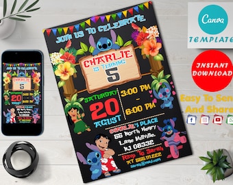 Lilo and Stitch Invitation | For Boy and Girl Kids Invite | Kids Birthday Invitation | Template Editable-Printable | Invite Instant Download
