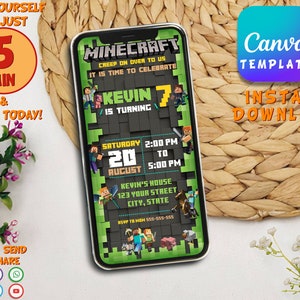 Minecrafter Birthday Invitation | Mine Kids Birthday Mobile Invite, Mine Template Birthday Evite | Edytowalne w Canva Invite Natychmiastowe pobranie