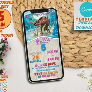 Invito di compleanno mobile modificabile stampabile di Moana / Modello di invito di compleanno per bambini Moana Baby, Per ragazza Evita / Invita Download istantaneo