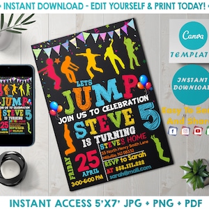 Geburtstagseinladung springen | Trampolin Einladungskarte Geburtstag | Hüpfburg Einladung, Jump Party für Jungen & Mädchen Kinder, Sofort Download einladen