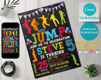 Puede incluir: Una invitación imprimible colorida para una fiesta de cumpleaños de 5 años. La invitación presenta un fondo de pizarra negra con las palabras "Let's Jump" en colores arcoíris. La invitación también incluye el nombre "Steve" y la edad "5" en colores arcoíris. La invitación está decorada con confeti y globos coloridos.