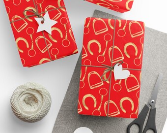 Papel de regalo ecuestre, bocados y estribos para caballos, papel de regalo rojo