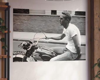Vintage Steve McQueen Motorcycle Poster: Retro Movie Star Wall Art