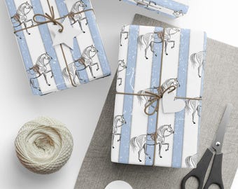 Equestrian Gift Wrap | Blue & White Striped Horse Wrapping Paper