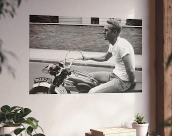 Steve McQueen Motorcycle Poster: Vintage Black and White Wall Art