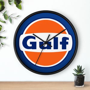 Retro Gulf Oil Racing Logo Wall Clock: Man Cave Garage Art