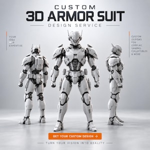 Puede incluir: Un servicio de diseño de traje de armadura 3D blanco que muestra tres vistas de una figura robótica. El texto dice: CUSTOM 3D ARMOR SUIT DESIGN SERVICE, YOUR IDEA OUR EXPERTISE, CUSTOM DESIGNS FOR COSPLAY, GAMING, COLLECTIBLES & MORE, GET YOUR CUSTOM DESIGN, TURN YOUR VISION INTO REALITY.