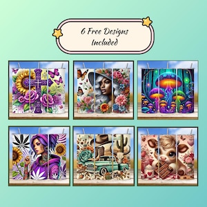 Pode incluir: Uma imagem com seis designs de copos com gr&aacute;ficos coloridos com temas florais, retratos e natureza. Os designs incluem girass&oacute;is, uma cruz, uma mulher com flores, cogumelos, uma mulher com uma tatuagem, um caminh&atilde;o e uma vaca. O texto "6 Free Designs Included" est&aacute; no topo.