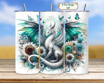 Envoltura para vaso de dragón blanco, dragón de acuarela PNG, vaso delgado de 20 oz para sublimación, diseño floral con purpurina, descarga digital