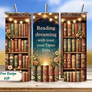 Bookish Tumbler Wrap, Reading is Dreaming 20oz Tumbler Png, Row of Books Sublimation, Skinny Tumbler Design, Digital Download Template