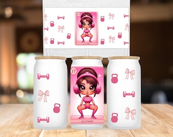 La Fitness 16oz Libbey glass can wrap png, loteria workout png, pink bow gym design, coquette sublimation, mexican digital download