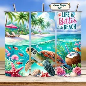 Beach Tumbler Wrap PNG, Summer Tumbler Design, Sea Turtle Sublimation, Starfish Skinny Tumbler, Ocean Digital Download