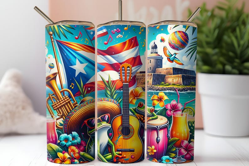 Pode incluir: Tr&ecirc;s canecas coloridas com um tema vibrante de Porto Rico. Cada caneca apresenta ilustra&ccedil;&otilde;es da bandeira de Porto Rico, instrumentos musicais, uma guitarra, um sapo usando &oacute;culos de sol e paisagens tropicais. As canecas t&ecirc;m uma palha de a&ccedil;o inoxid&aacute;vel.