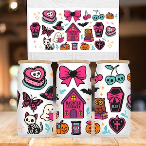 Halloween Glass Can Wrap , Coquette Autumn 16oz Libbey Wrap , Fall Boho Spooky Jar Cup PNG , Halloween Coffee Glass Digital Design