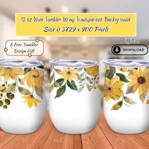 12oz Wine Tumbler Wrap PNG, Yellow Watercolor Floral Design, Wedding Wine Tumbler Template, Sublimation Download for Tumblers