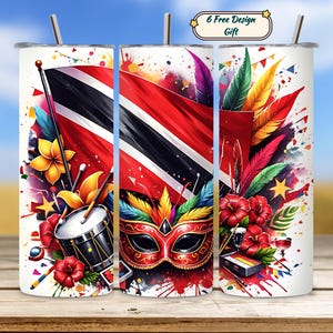 May include: A set of three white stainless steel tumblers with vibrant watercolor designs. Each tumbler features a different design element: a flag, a carnival mask, and a collection of feathers, flowers, and musical instruments. The tumblers include a straw and the text "6 Free Design Gift".