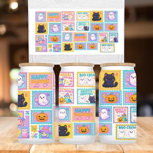 Halloween Ghost Frames PNG , Cute 16oz Libbey Glass Can Wrap , Cozy Spooky Ghost Clipart , Bookish Fall Halloween Sublimation Design