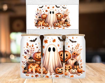 Ghost pumpkins glass wrap, libbey wrap png, fall glass can design, halloween tumbler png, spooky season wrap, autumn cup sublimation