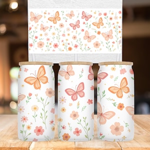 Schmetterlings-Glasdosenverpackung, Garten-Glow-Cup-Verpackung, Boho-Ästhetischer Schmetterling PNG, Pastellblumen-Cup-Verpackung, Sublimations-Trinkgeschirr Design