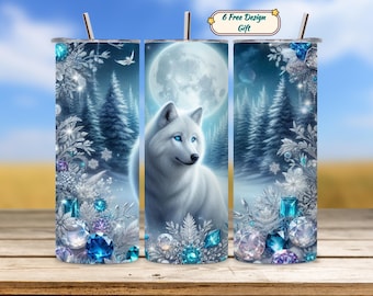 Winter Wolf Tumbler, White Wolf Wrap, Forest Animal PNG, Fantasy Wildlife Design, 20oz Skinny Sublimation, Seamless Landscape Wrap