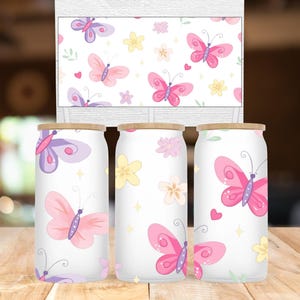 Pastel Butterfly Flower Glass Can Wrap PNG, 16 oz Libbey Spring Floral Cup Design, Aesthetic Iced Coffee Wrap, Digital Download