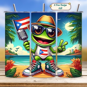 Puerto Rico Flag Coqui Frog Tumbler Wrap PNG, Boricua Pride 20oz Skinny Sublimation Design, PR Patriotic Cup Digital Download