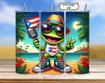 Vaso con la bandera de Puerto Rico, diseño de sublimación de 20 oz, diseño de rana coquí, descarga digital de la Copa Patriótica de Puerto Rico