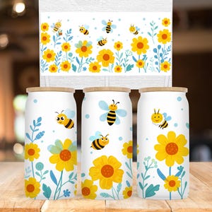 Bee Glass Can Wrap PNG, Golden Bloom Cup Wrap, Honeybee Drinkware PNG, Wildflower Cup Wrap, Cottagecore Summer Glass Wrap