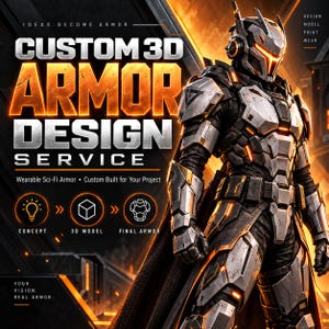May include: A custom 3D armor design service advertisement featuring a futuristic suit of metallic silver and black armor with glowing orange accents. The text reads: IDEAS BECOME ARMOR, CUSTOM 3D ARMOR DESIGN SERVICE, WEARABLE SCI-FI ARMOR, CONCEPT, 3D MODEL, FINAL ARMOR.