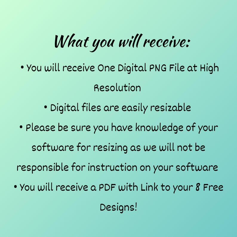Pode incluir: Gr&aacute;fico digital em um fundo azul-turquesa com o texto "O que voc&ecirc; receber&aacute;:" seguido por marcadores. Os marcadores descrevem os arquivos digitais, incluindo um arquivo PNG, redimensionamento e um PDF com um link para designs gratuitos.