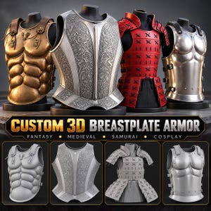 May include: Four distinct breastplate armor designs displayed on mannequins, including a bronze-toned muscle cuirass, an ornate silver-toned engraved plate, a red segmented samurai-style armor, and a smooth silver-toned chest piece with text: CUSTOM 3D BREASTPLATE ARMOR.