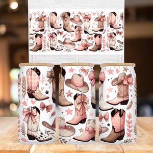 Coquette Glass Can Wrap, Cowgirl Coquette Wrap, 16 oz Glass Can PNG, Can Glass Wrap Design, Sublimation Wrap for Cups, Retro Western