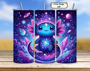 Cute Kawaii Axolotl Galaxy Crystals 20oz Skinny Tumbler Wrap Sublimation Design PNG Digital Download for Gifts