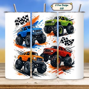 Monster Trucks Tumbler Wrap PNG, Kids Racing 20oz Skinny Tumbler Sublimation, Toddler Boy Cup Wrap Digital Download